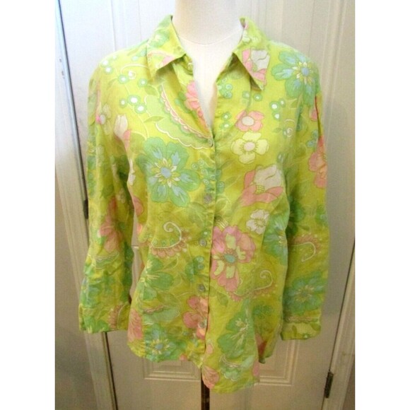 Sigrid Olsen Shirt 100% Linen Pastel Floral Summer Spring Top Womens Size L - Picture 1 of 7